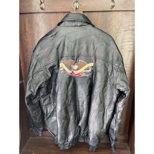 Vintage 90s God Bless America Genuine Leather Jacket XXL Eagle Flag Patchwork