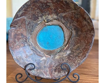Vintage Studio Pottery Centerpiece Bowl / Decorative Earth Tone Blue Glaze