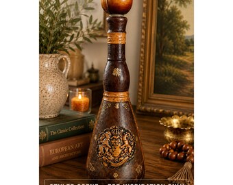 Vintage Decorative Leather Wrapped Bottle Decanter Crest Motif Made in Italy