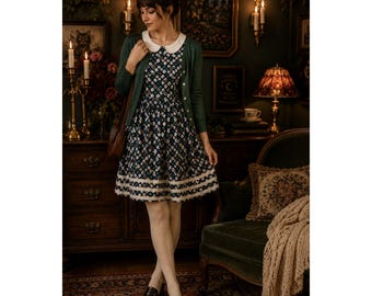 Bubikragen Retro Floral Kleid Gr. 40 Marine Grün Mod Style