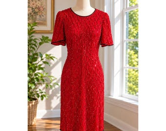 Vintage Laurence Kazar Rote Seide Perlen Pailletten Cocktailkleid Medium Party Glam