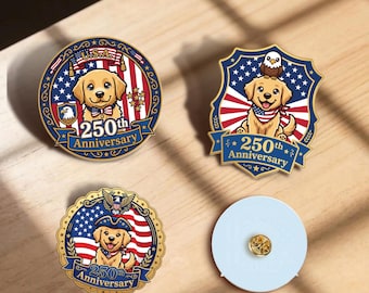 Set of 3 Patriotic Golden Retriever Pins, USA 250th Anniversary Acrylic Badge