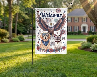 Patriotic Garden Flag, 4th of July House Flag, Welcome Eagle Dog Cat Outdoor Decor, Double-Sided Americana Yard Sign, Made in USA