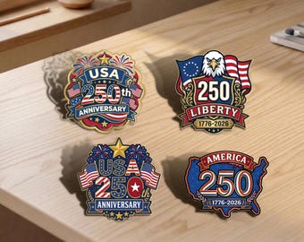 USA 250th Anniversary Acrylic Pin, Patriotic Badge, Semiquincentennial Commemorative (Multiple Sizes)