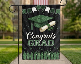Green Glitter Graduation Garden Flag, Congrats Grad Yard Sign