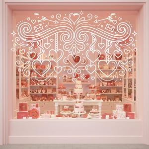 May include: A pink shop window display with Valentine's Day treats. The window is decorated with white heart designs and a variety of cakes, sweets, and gifts. The overall theme is romantic and celebratory, with a focus on confectionery items.