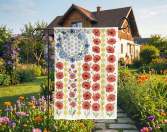 Watercolor Floral American Garden Flag, Patriotic Poppies & Hydrangea Wreath, Farmhouse Summer Decor (12x18)