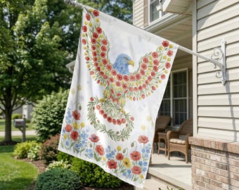 Patriotic Floral Eagle Flag, Garden Flag or House Flag, Watercolor Poppies and Blue Flowers, Unique Outdoor Yard Decor for Spring Summer