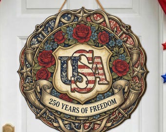 Vintage USA 250 Years of Freedom Door Hanger, Americana Floral Porch Decor
