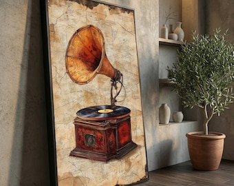 Impresión en lienzo de gramófono vintage, arte de pared para sala de música retro