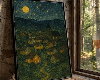 Klimt Starry Night Village Canvas Print, Moonlit Landscape Wall Art