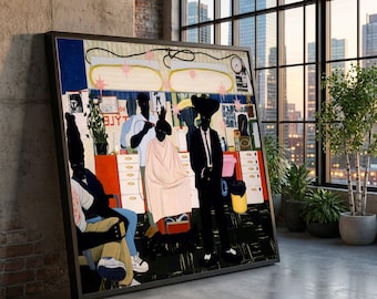 Kerry James Marshall Art, Canvastavla i urban barbershop, porträtt av svart figur