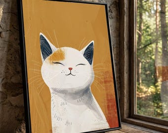 Smiling Cat Canvas Art, Modern Whimsical Portrait, Playful Wall Decor