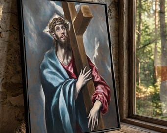 Christ Jesus Carrying Cross Canvas Art, Religious Home Decor