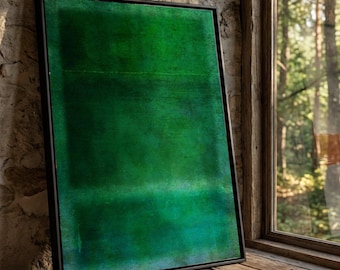 Arte abstracto sobre lienzo verde, pintura de campos de color al estilo Rothko.