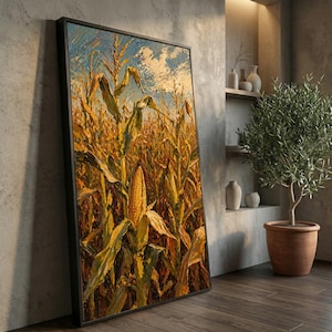 Peut inclure: Une œuvre d'art murale encadrée rectangulaire représentant une peinture à l'huile d'un champ de maïs. L'œuvre présente des coups de pinceau texturés dans des tons jaune doré, orange et vert, illustrant de hauts plants de maïs sous un ciel bleu.