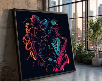 Neon Jazz Saxophonist Trio Canvas, Modern Music Wall Art