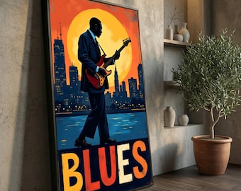 Lienzo con guitarrista de blues, música jazz, paisaje urbano nocturno