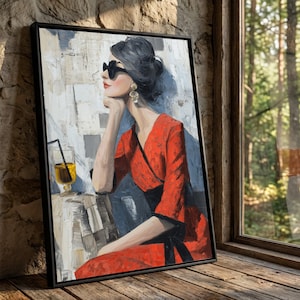 Elegante donna in abito rosso, tela astratta, ritratto moderno da parete, illustrazione di moda su tela, decorazione chic per la casa, opera d'arte pronta per essere appesa