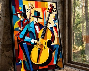 Lienzo abstracto de músicos de jazz, arte mural con instrumentos coloridos