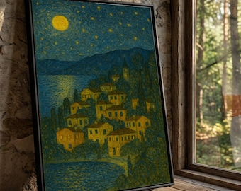 Gustav Klimt Moonlit Village Canvas Art, Starry Night Landscape