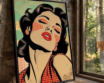 Retro Pop Art Woman Canvas Print, Red Lips, Glamorous Home Decor