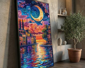 Canvas wassende maan skyline, levendige abstracte stadsgezichten