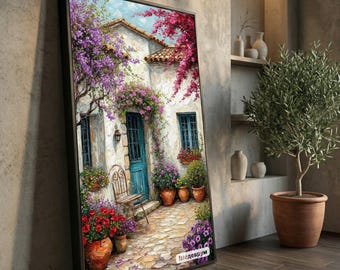 Handgemalter mediterraner Hof Leinwand, Blumen Garten Gemälde, Rustikales Wohndekor