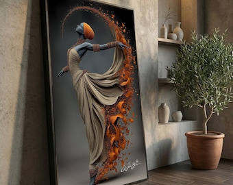 Modern Dancer Canvas Print, Abstract Orange Beige Dress Art