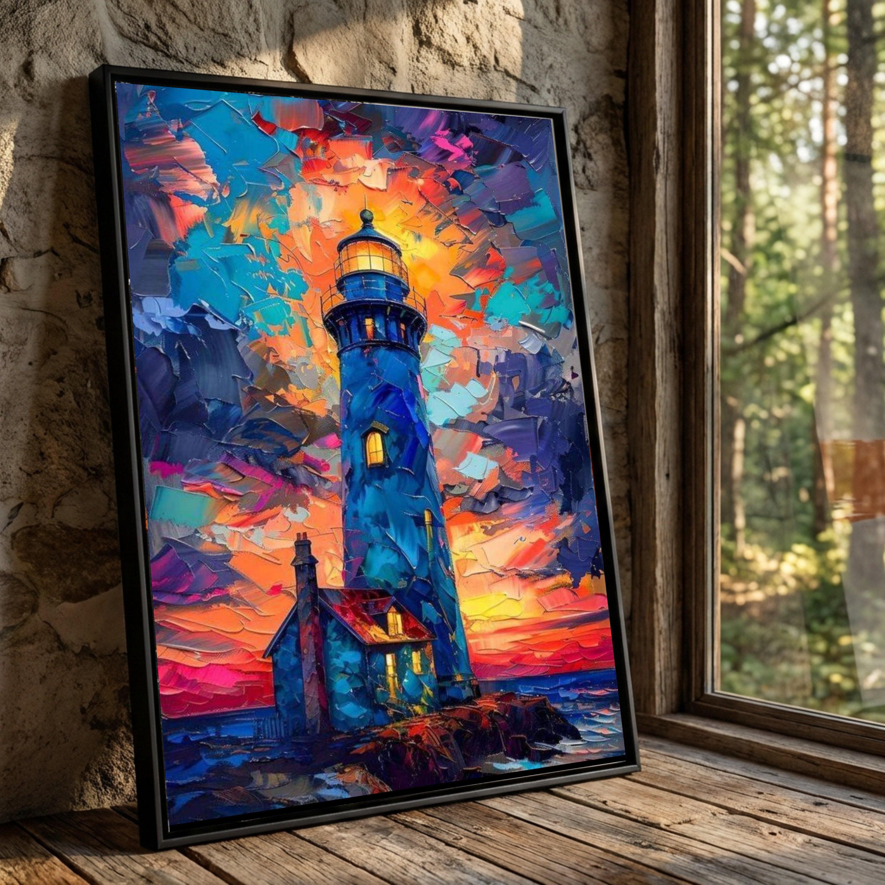 Colorful Lighthouse Canvas Print, Sunset Seascape, Coastal Wall
