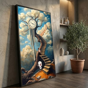 Surreal Melting Clock Canvas Print, Dali Tree Stairs, Dreamscape Wall Art