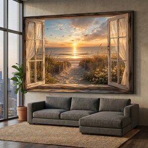 Canvasprint met zonsondergang langs de kust, strandlandschap met open raam als wanddecoratie.