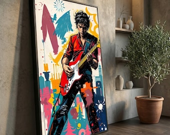 Toile de guitariste de jazz, oeuvre d'art murale musique vibrante, peinture guitare électrique