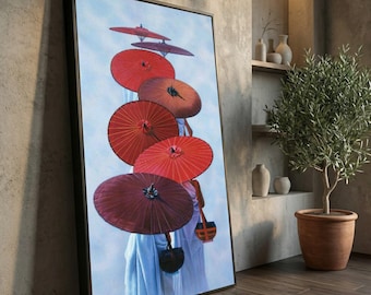 Red Asian Umbrellas Canvas Print, Cultural Wall Art