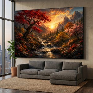 Op de afbeelding: Een grote rechthoekige wandkunstprint met een levendig berglandschap bij zonsondergang. De scène toont een stromende beek, rotsachtig terrein en weelderige bomen met rood en oranje gebladerte onder een gouden lucht met besneeuwde toppen.