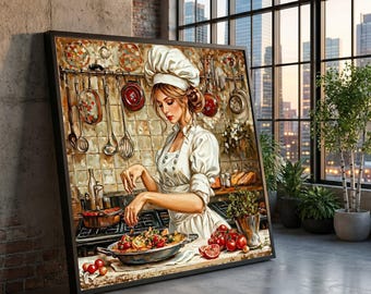 Chef Cooking Canvas Print, Rustic Gourmet Kitchen Decor