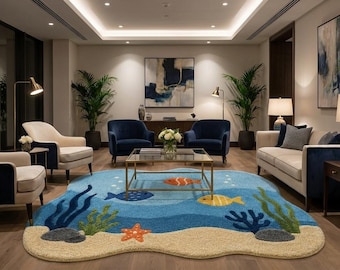 Hand Tufted Ocean Fish Rug, Kids Marine Nursery Carpet, Blue Underwater Area Rug