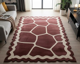 Hand Tufted Burgundy Abstract Stone Rug, Scalloped Border Carpet, Luxury Living Room