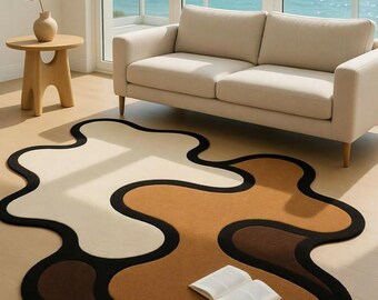 Abstract Irregular Shape Rug, Hand Tufted Beige Brown Carpet, Modern Living Room Area Rug