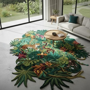 May include: A colourful, hand-tufted rug depicting a jungle scene with a leopard, monkey, and dense foliage in green, brown, and pink hues. The rug is placed on a light-coloured floor, creating a focal point in the room.