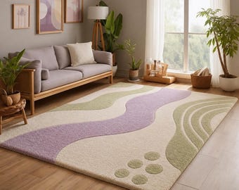 Hand Tufted Abstract Wavy Rug, Pastel Lavender Beige Green Carpet