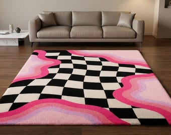 Modern rosa vågig rutig matta, abstrakt tuftad matta, funky vardagsrumsinredning