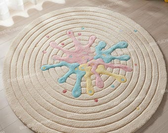 Handmade Pastel Splash Tufted Round Rug, Modern Nursery Carpet