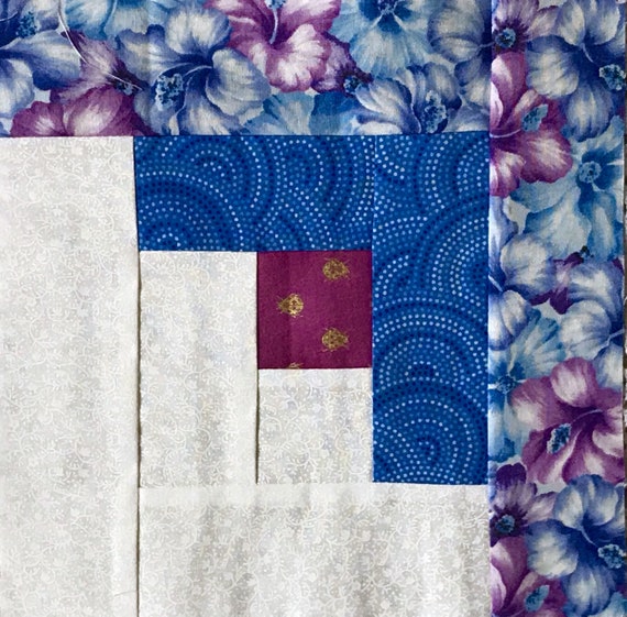 12 Blue Flowers Log Cabin Quilt Blocks Squares 100 Cotton Etsy