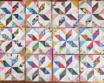 12 COLOR COLLECTION Scrappy Pinwheels Stars Quilt Top Fabric Blocks 100% Cotton Made in USA