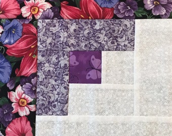 12 PURPLE  FLOWERS  Log Cabin Quilt Blocks Squares 100% cotton