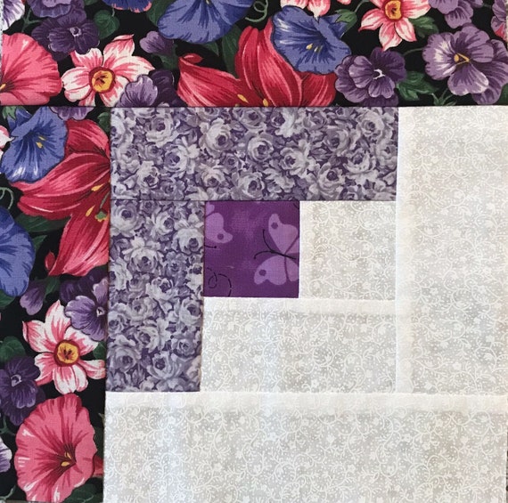 12 BLUE FLOWERS Log Cabin Quilt Blocks Squares 100/% cotton