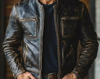 Men’s Handmade Vintage Distressed Black Lambskin Leather Jacket
