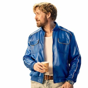 Blue Jacket Man Art Print, Cinematic Male Portrait, Modern Wall Decor, Stylish Coffee Lover Artwork, Christmas Gift, Halloween Aesthetic Poster