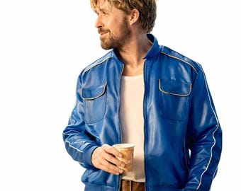 Kurtka ze sztucznej skóry Ryana Goslinga Fall Guy - replika niebieskiego kombinezonu Colta Seaversa - inspirowana filmem - prezent świąteczny dla niego - cosplay na Halloween